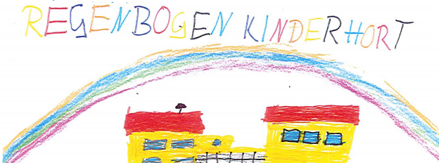 Kinderzeichnung: gelbes Gebäude mit Regenbogen